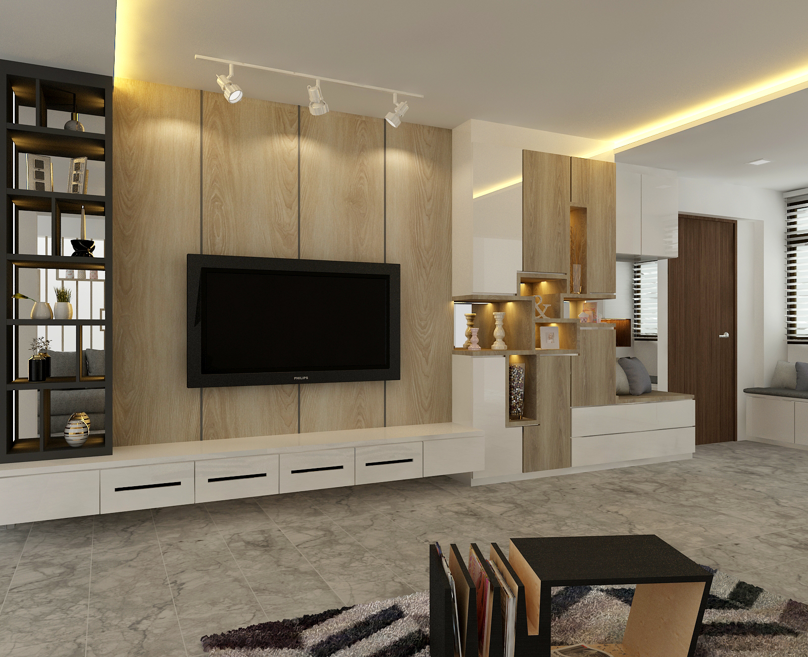 Modern living room with warm wood panel feature wall, custom TV console, and LED cove lighting in Bedok HDB